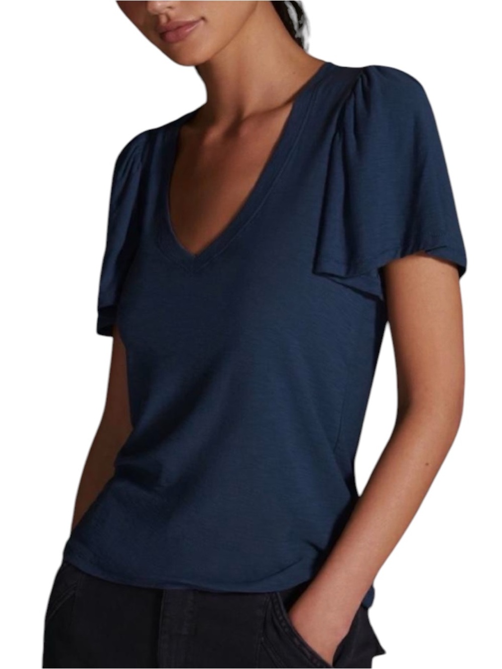 Nation LTD Women's Navy Blue  V-Neck Flutter Sleeve Top